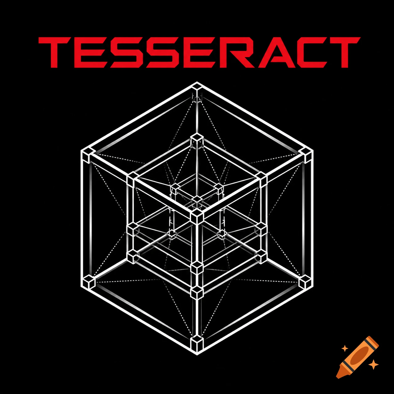 Red 'TESSERACT' text above a complex white wireframe tesseract against a black background.
