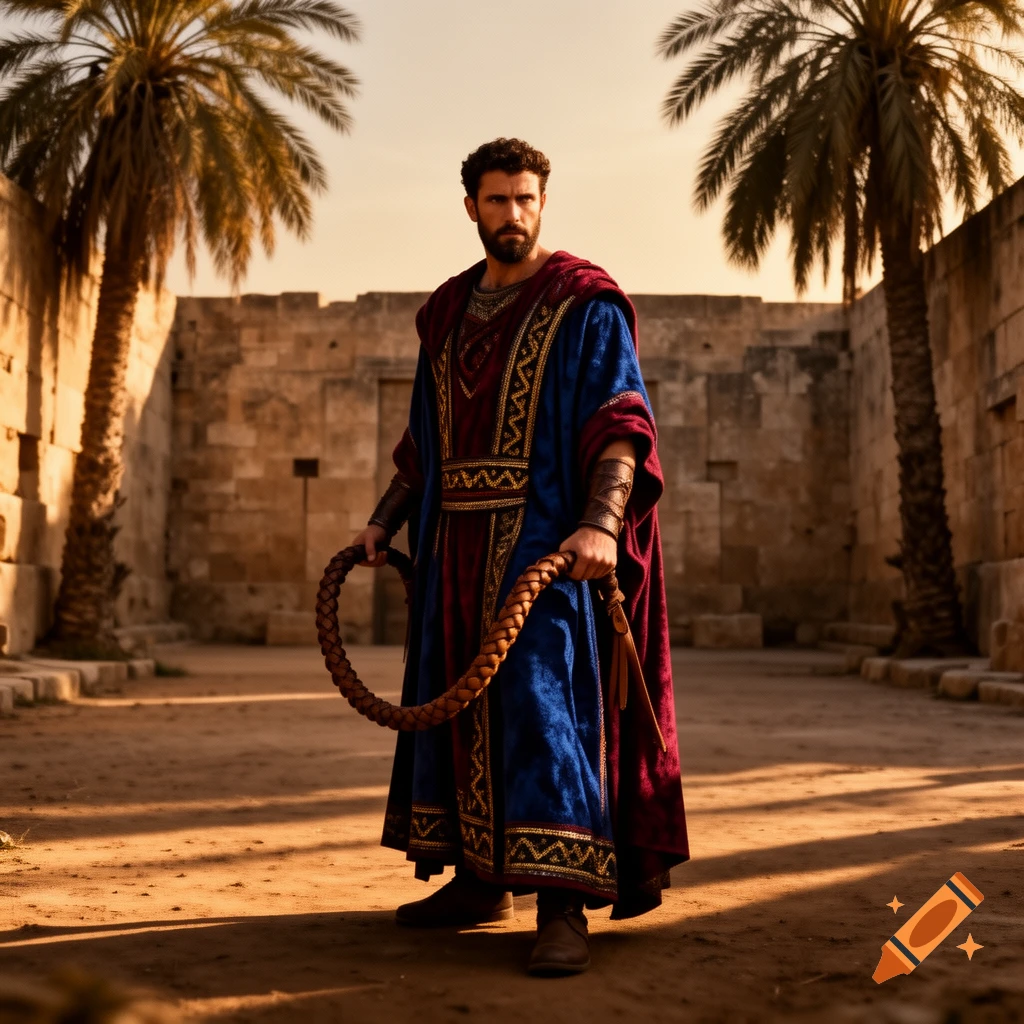 A bearded man in ancient robes holding a braided whip stands in stone ruins with palm trees at sunset, photorealistic style.