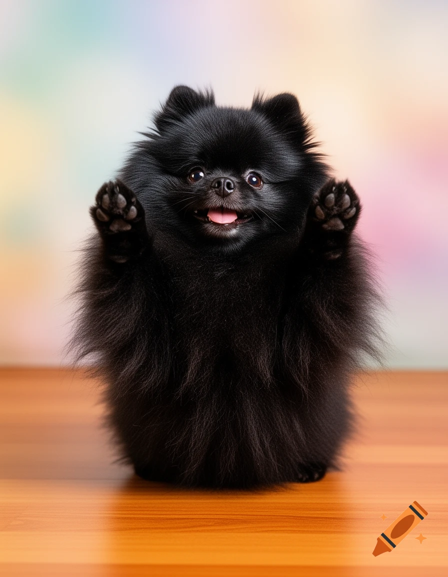 A fluffy black Pomeranian puppy stands on a wooden table with both front paws raised, against a soft, colorful background.
