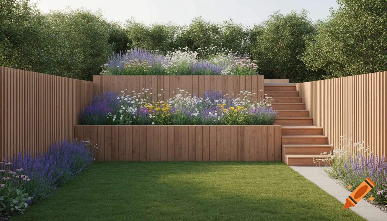 Photorealistic tiered garden with green lawn, wooden planters, purple, white, and yellow flowers, wooden steps, and slatted fences.