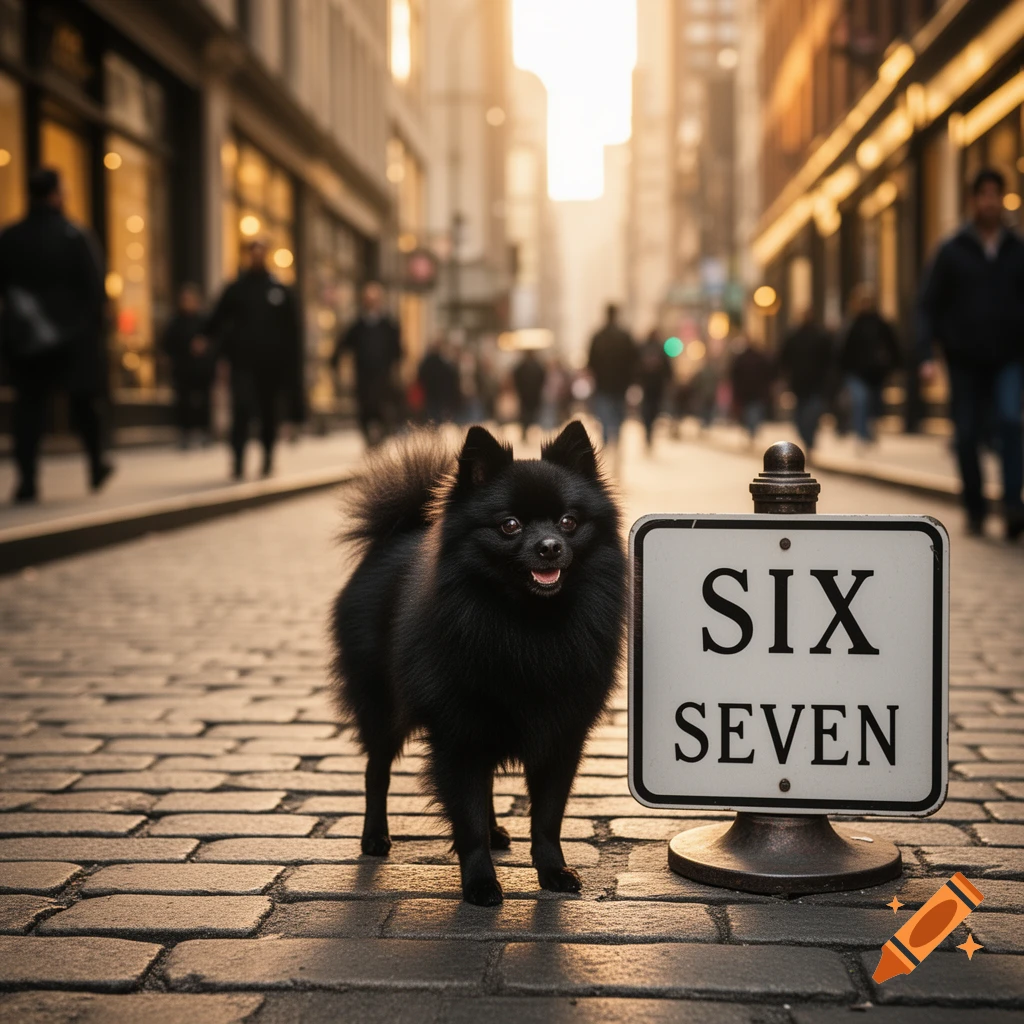 A black spitz dog stands next to a sign reading 'SIX SEVEN' on a cobblestone city street at dusk, photorealistic.