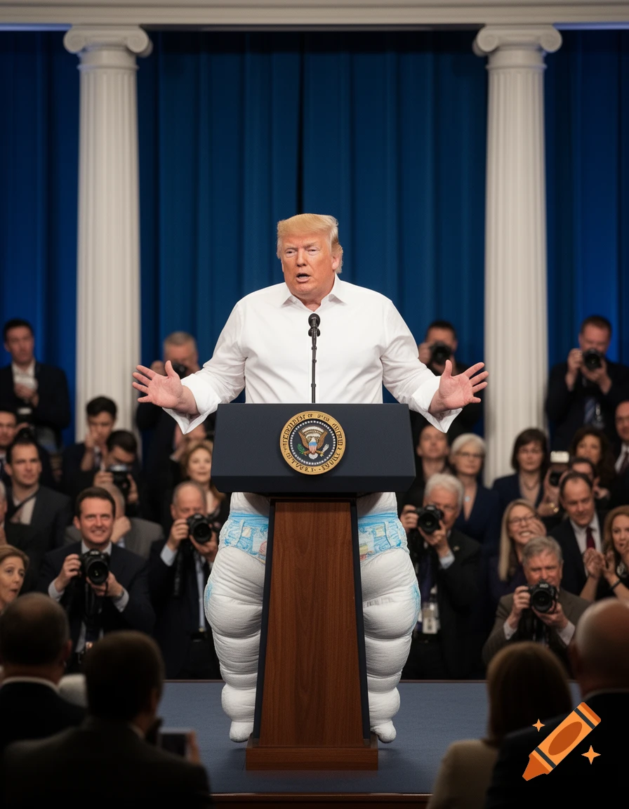 Photorealistic image of Donald Trump at a podium, wearing a white shirt and oversized baby-like diapers on his lower half.