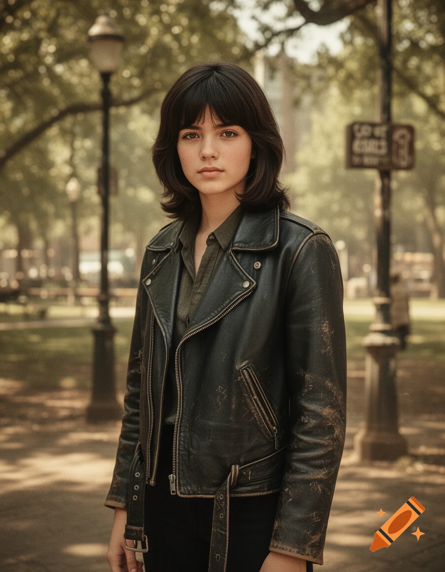 A young woman with dark, feathered hair wears a worn black leather jacket in a park-like setting.