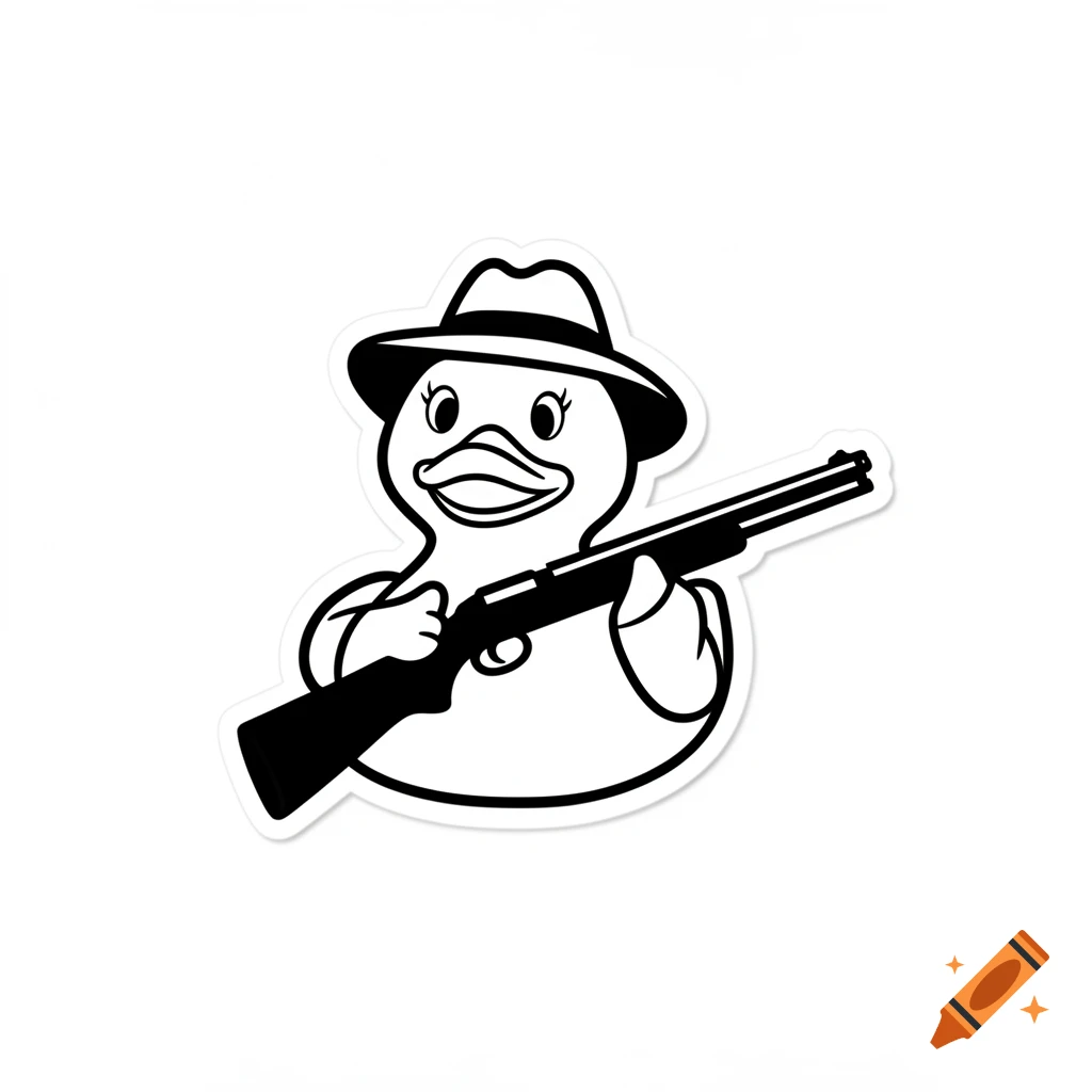 Black and white line art cartoon rubber duck wearing a fedora and holding a shotgun.