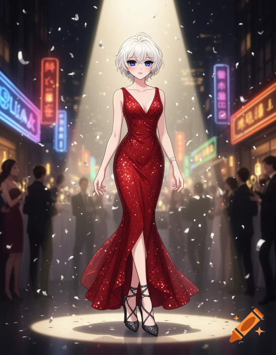 An anime character in a sparkling red mermaid dress walks under a spotlight with confetti on a city street at night.