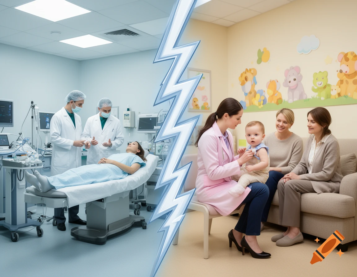 Split image with surgeons and a patient on the left, and a pediatrician with a baby and two women on the right, divided by a lightning bolt.