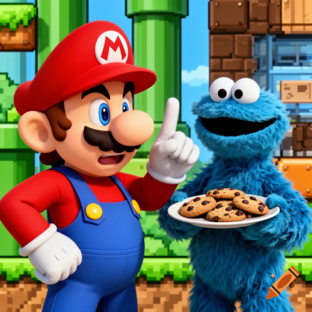 Mario points at Cookie Monster, who holds a plate of chocolate chip cookies, in a colorful animated scene with pixel art background.