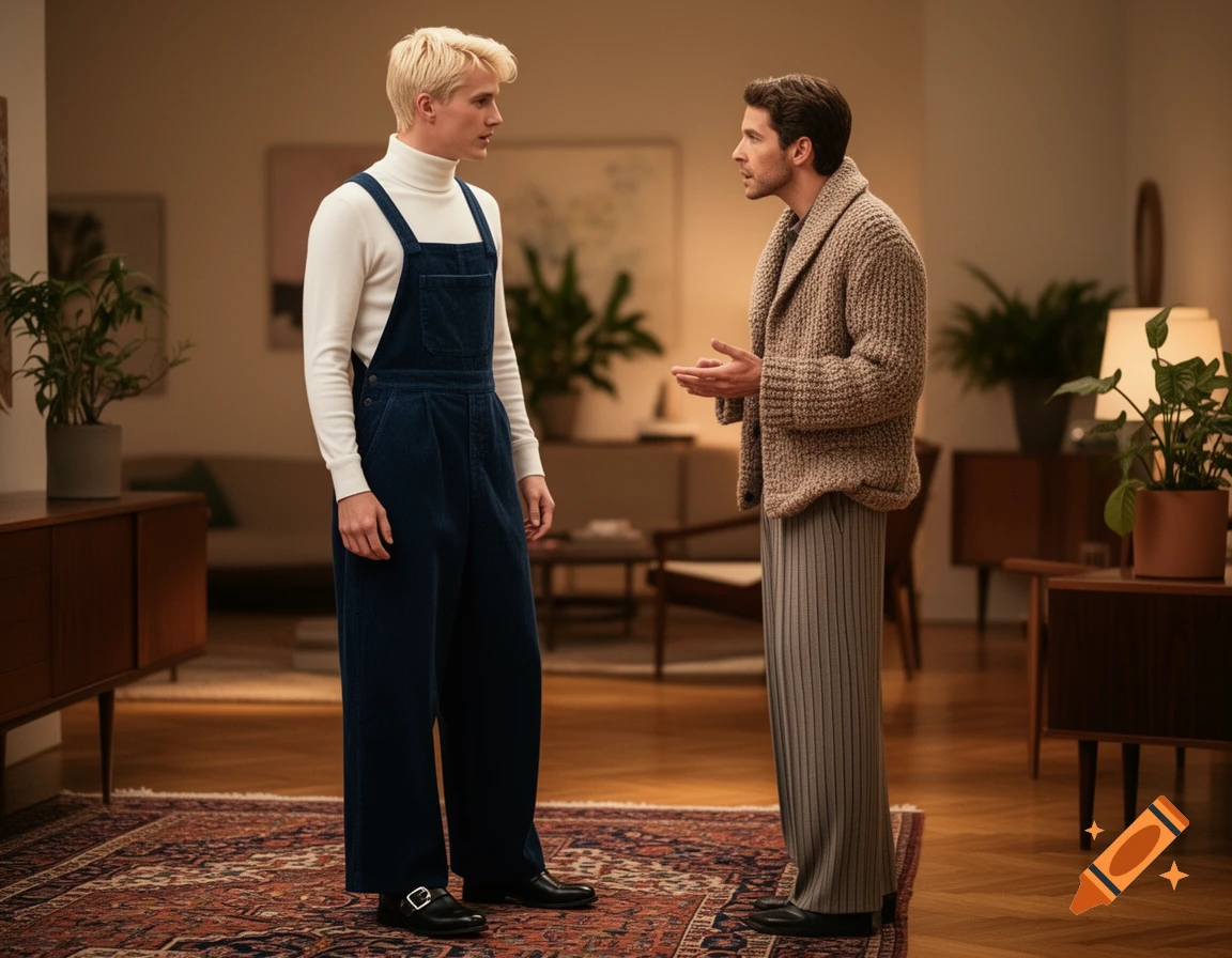 Two well-dressed men, one in blue overalls and a white turtleneck, the other in a cardigan and pleated pants, talk in a stylish living room.