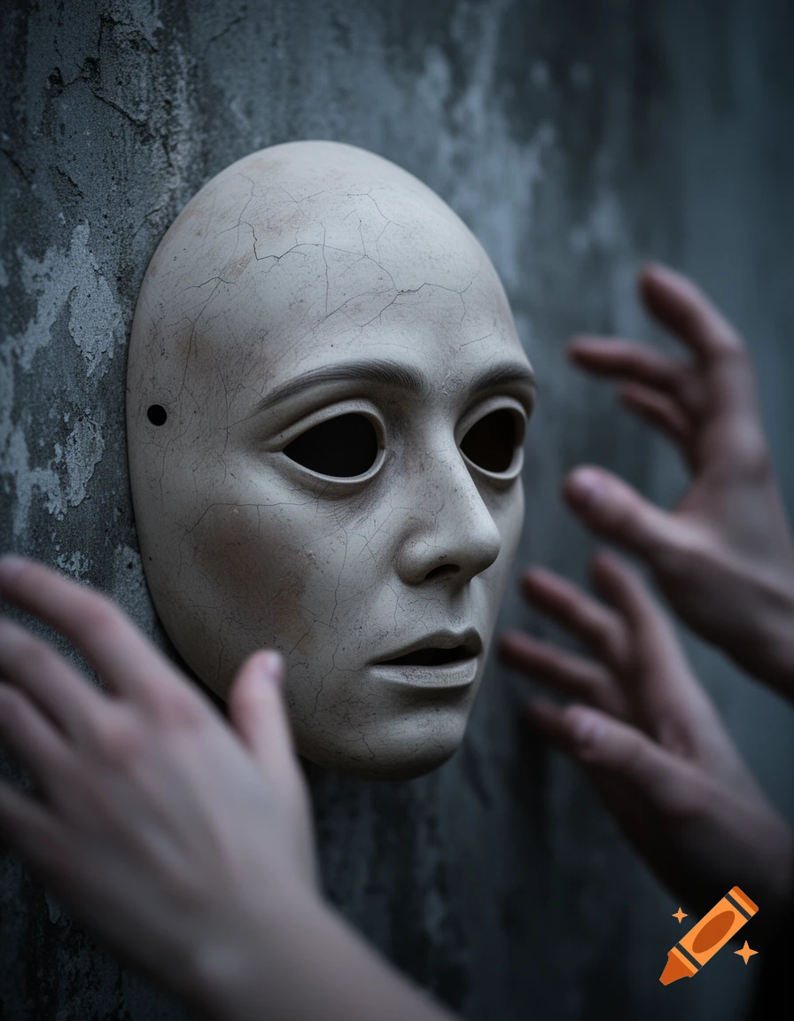 Close-up of a cracked, eerie prosthetic mask on a dark wall, with blurry hands reaching out from the sides.