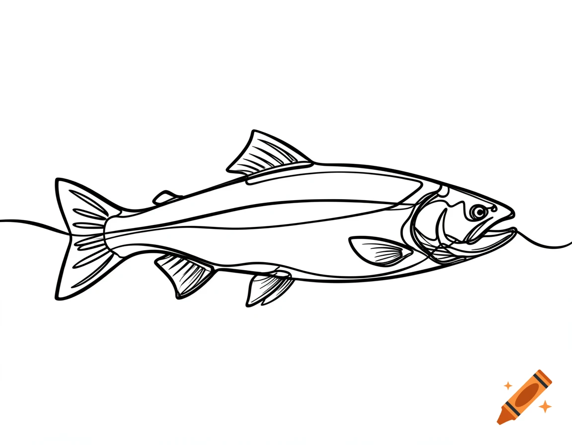 Simple black and white continuous line drawing of a rainbow trout.