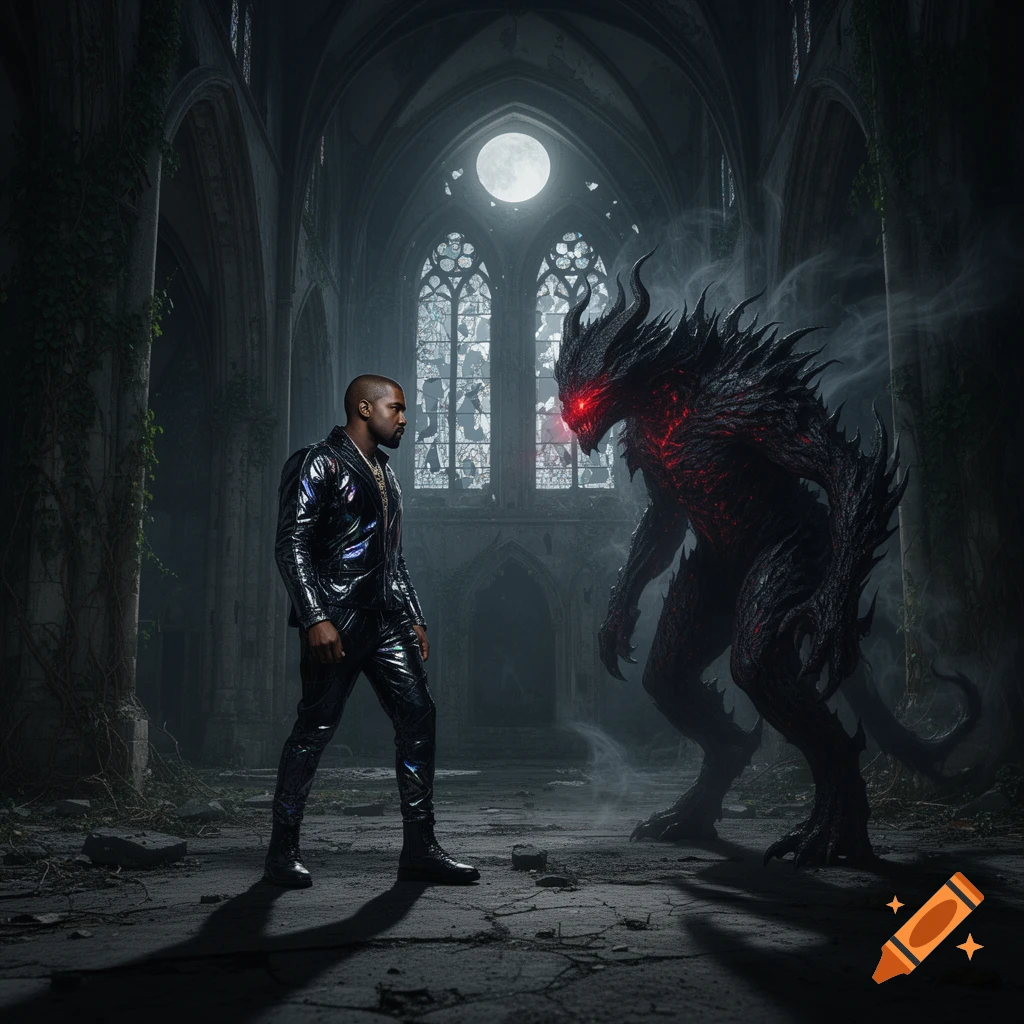 Kanye West in a shimmering suit confronts a black horned demon with glowing red eyes in a dark, ruined gothic cathedral.