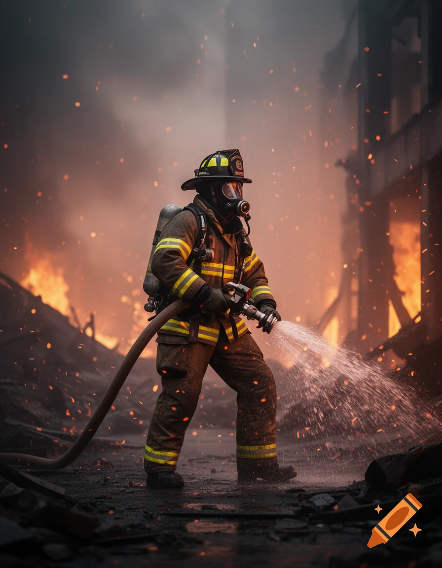 A photorealistic image of a firefighter in full gear, hosing down flames amidst smoky wreckage.
