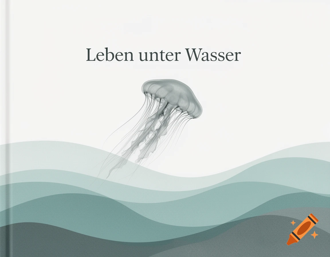 A minimalist book cover titled "Leben unter Wasser" (Life under Water) featuring a gray jellyfish above teal waves.