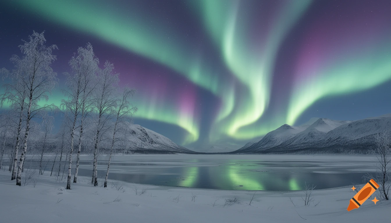 Green and purple aurora borealis lights up a star-filled night sky over a snow-covered landscape with frosted trees, mountains, and a frozen lake.