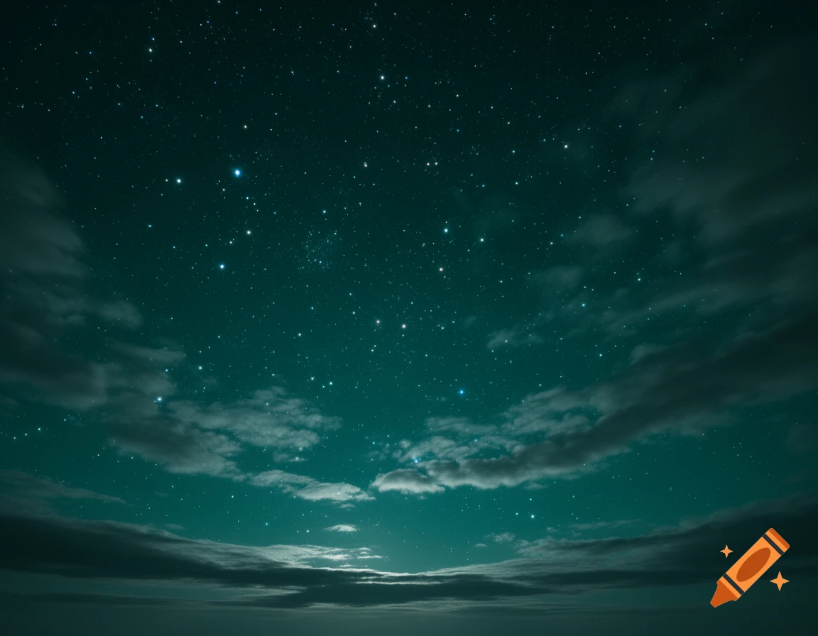 A dark aqua night sky filled with numerous stars and scattered clouds.