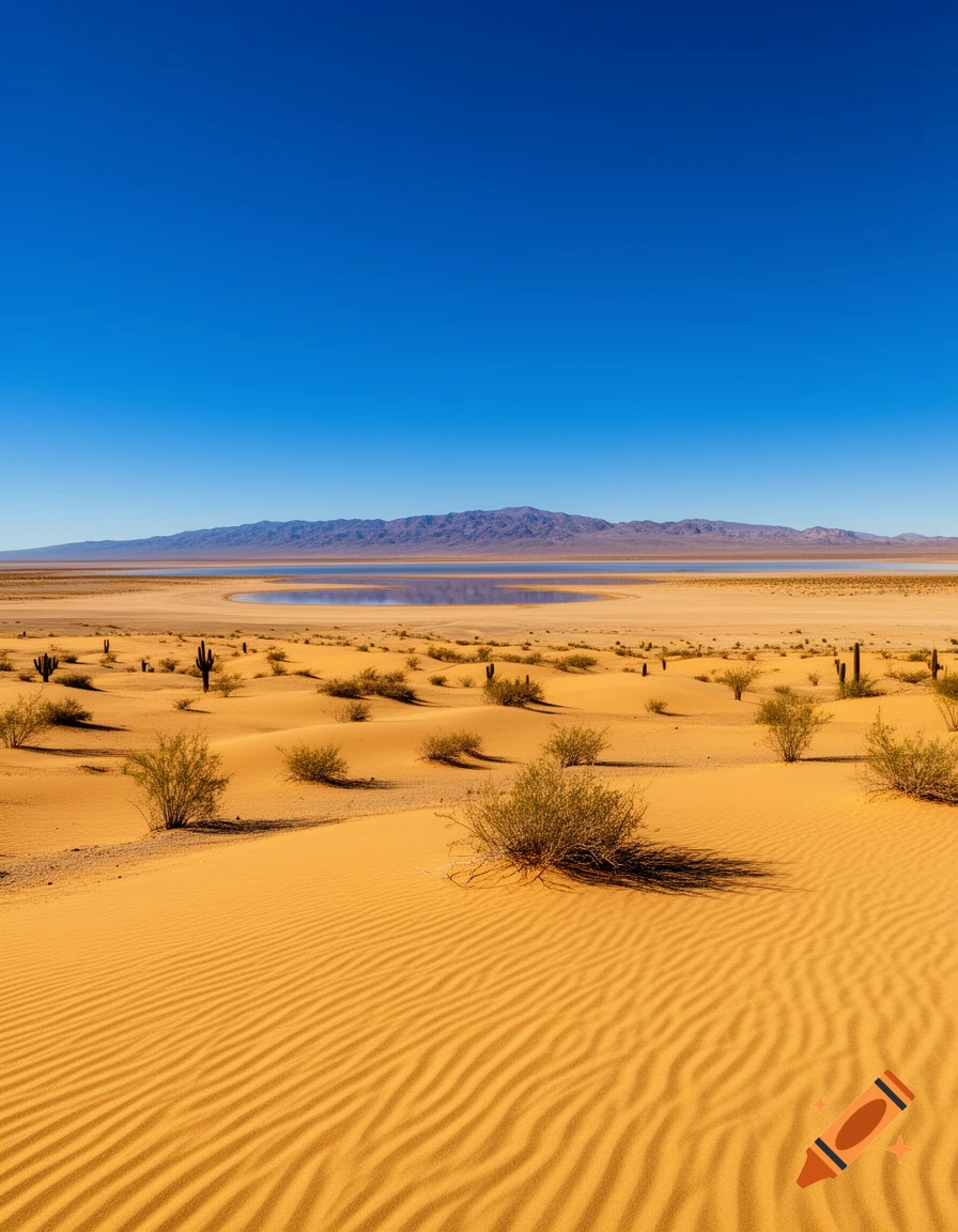 A vast desert landscape with golden sand dunes, scattered bushes and cacti, a distant lake, and mountains under a clear blue sky.