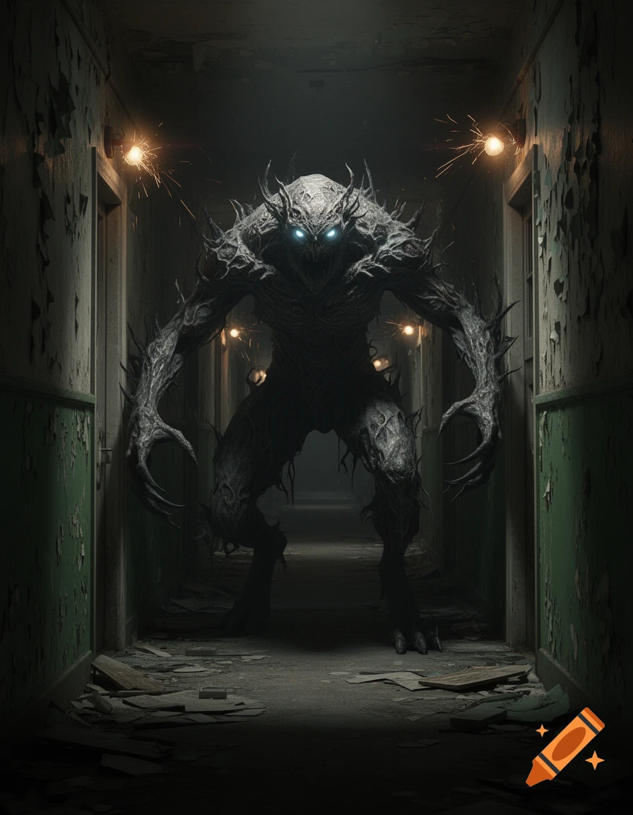 A menacing, gnarled monster with glowing eyes stands in a dark ...