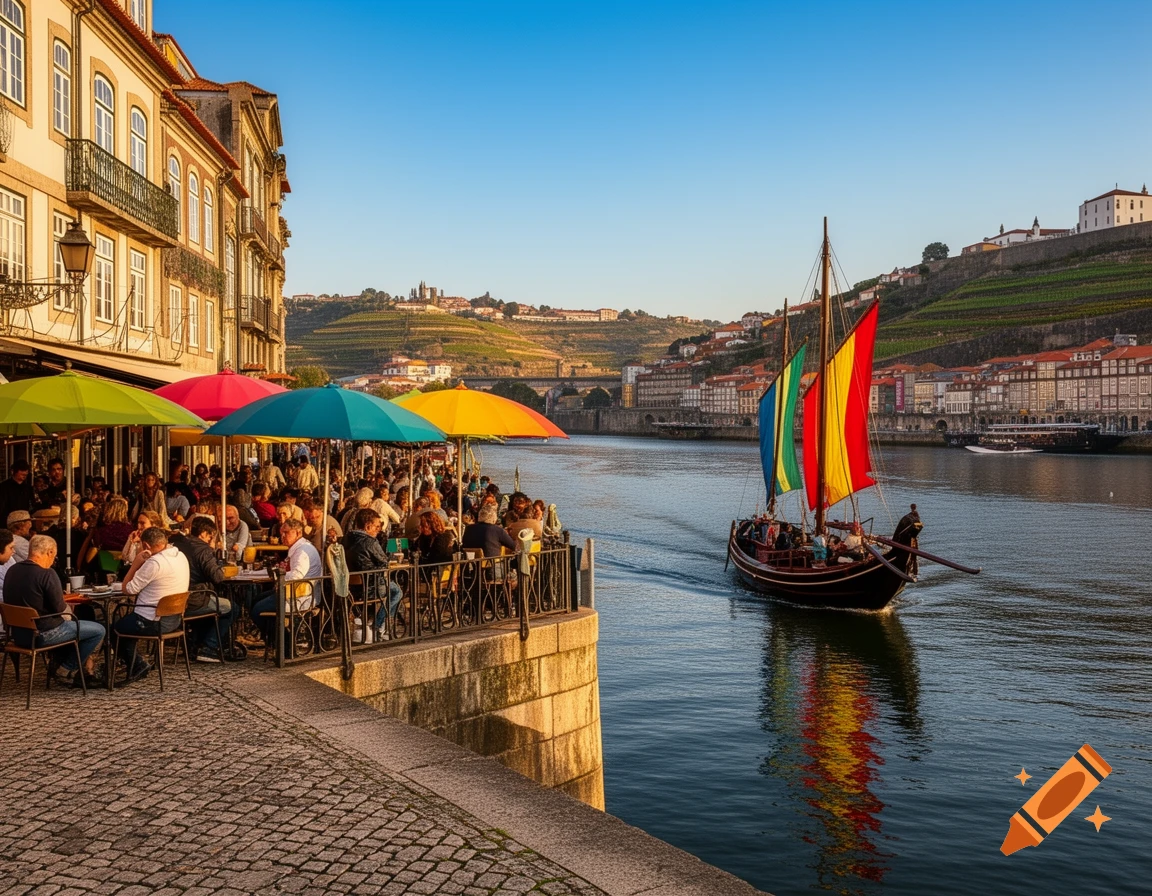 A bustling outdoor cafe in Porto, Portugal, on the Douro river, with a traditional Rabelo boat passing by under a clear blue sky.