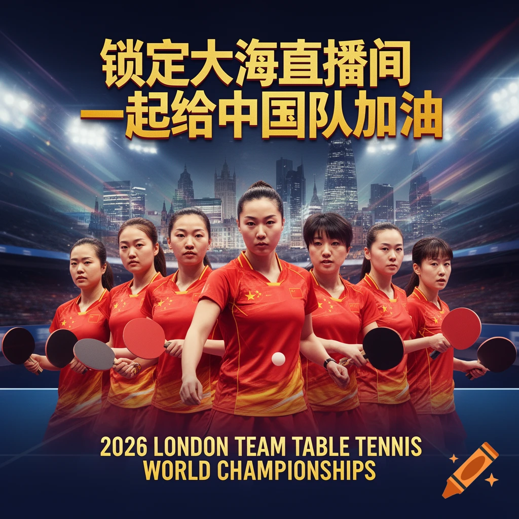 Six female Chinese table tennis players in red jerseys pose with paddles in a stadium, advertising the 2026 London Team Table Tennis World Championships.