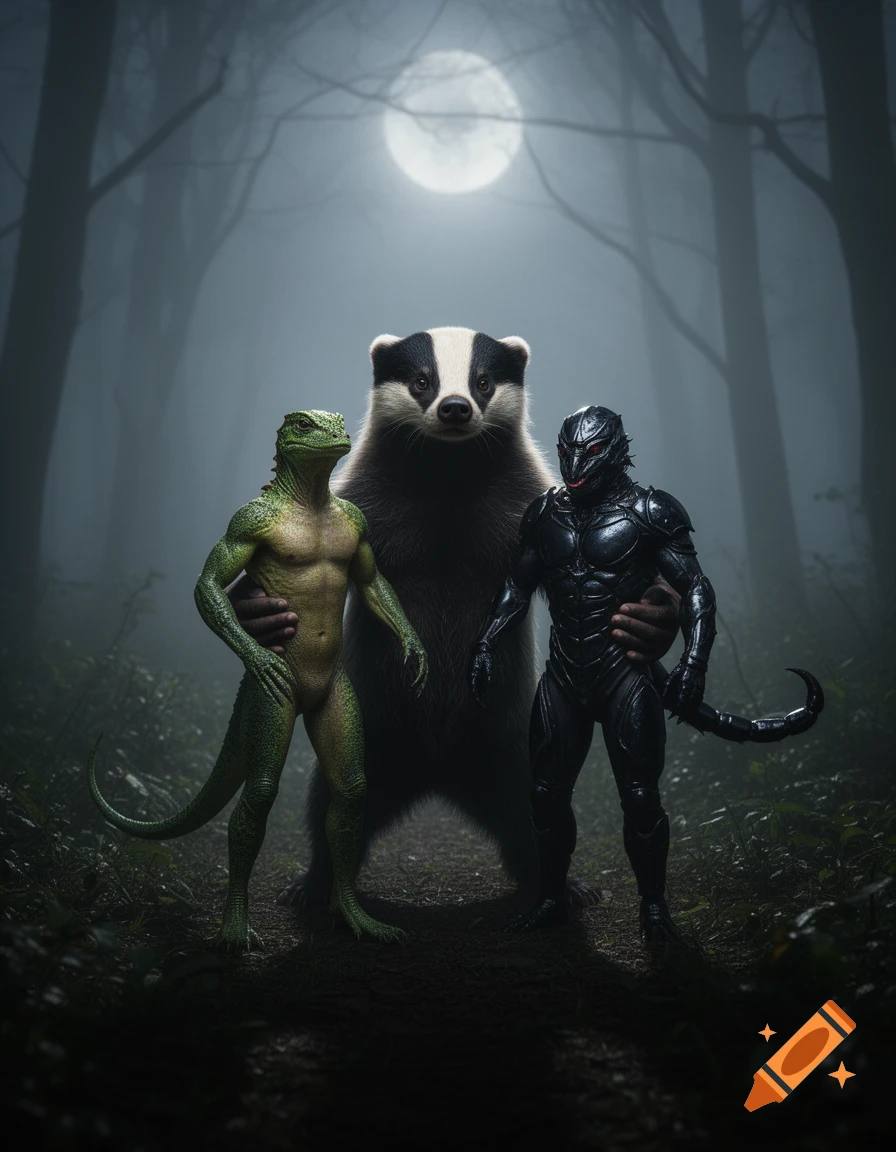 A large badger stands between a shirtless green lizard man and a black armored scorpion man in a foggy, moonlit forest.