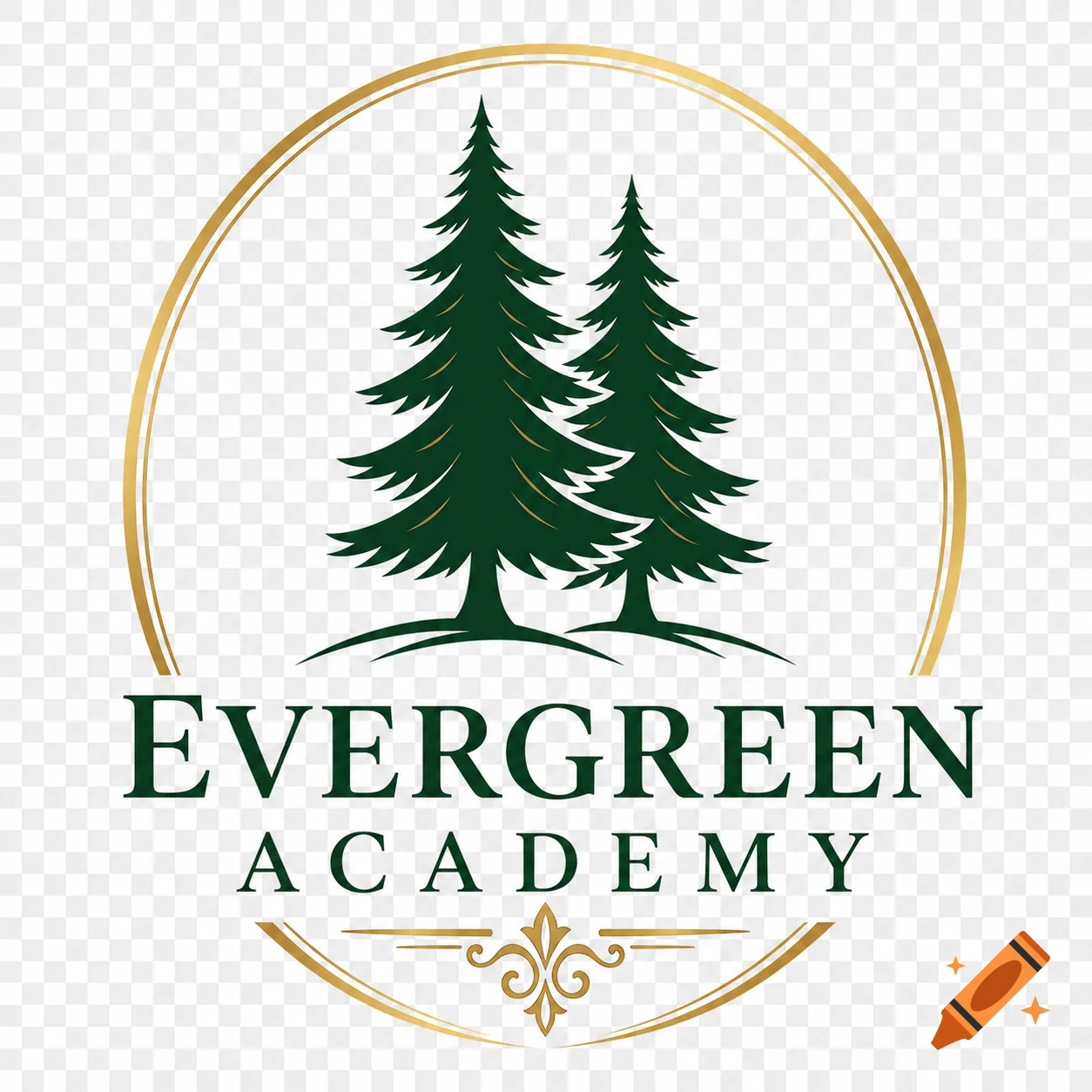 An Evergreen Academy school logo featuring two dark green pine trees inside a golden oval frame, with ornate golden flourishes at the bottom.