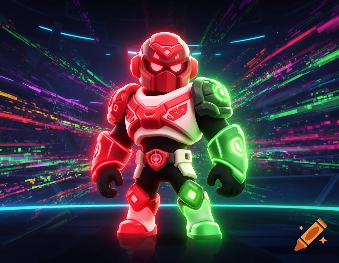 Stylized robot character, half red and half green, with black and white accents, stands in a dark, neon-lit digital environment with streaks of light.
