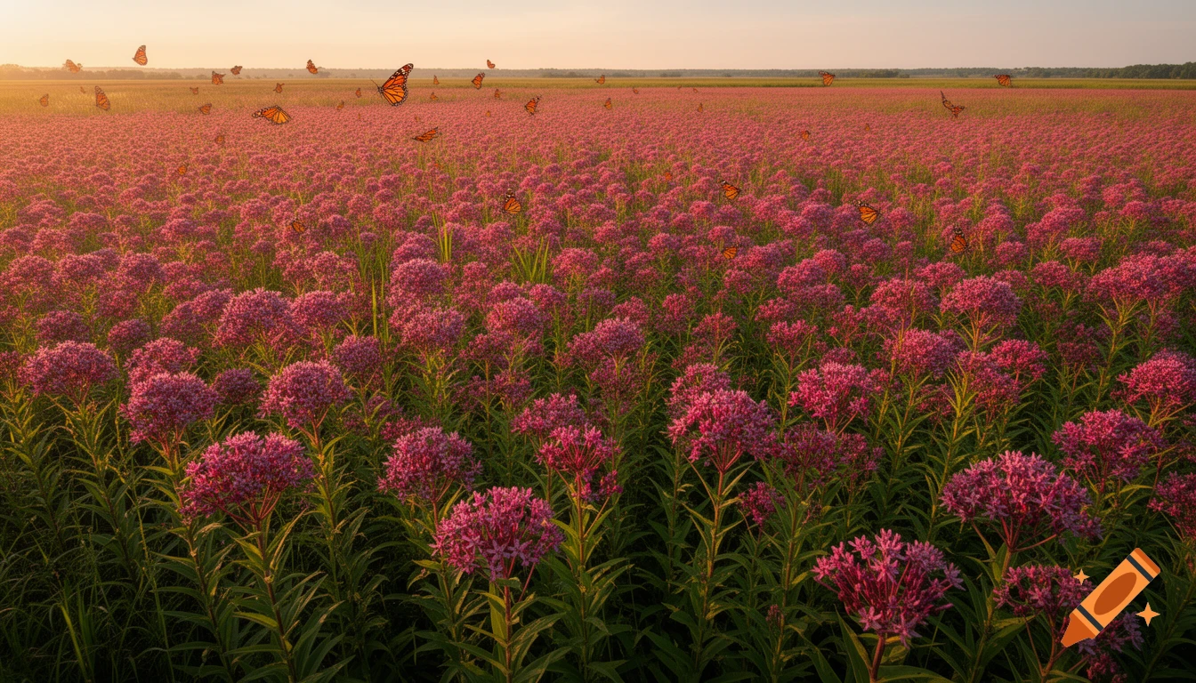 A vast field of deep-pink flowers with numerous orange Monarch butterflies fluttering above, bathed in golden hour light.