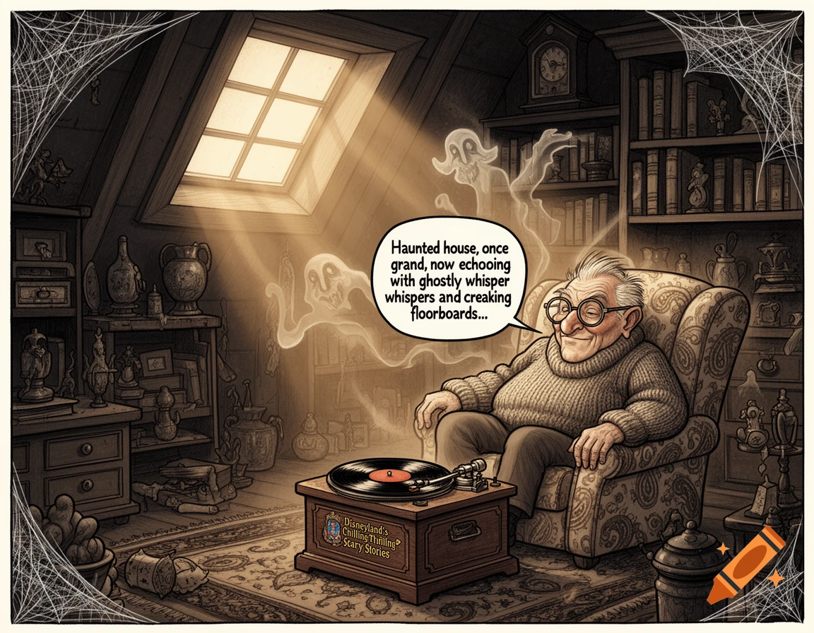 A cartoon old man in an attic armchair listens to a record playing a haunted house story, with ghosts and cobwebs around him.