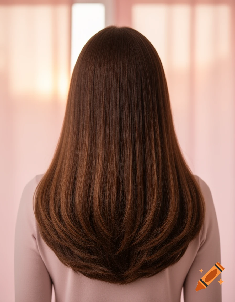 A woman's back with long, straight, layered brown hair, against a soft pink background.