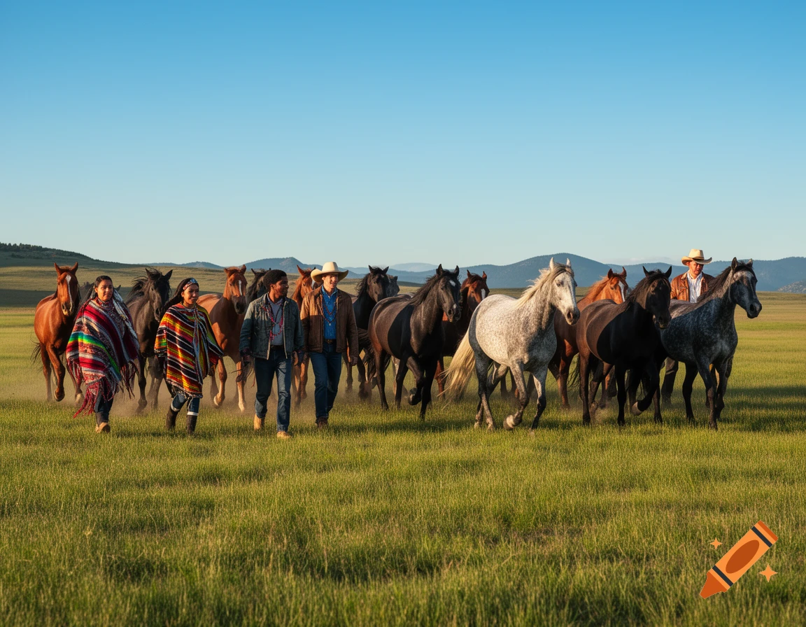 A diverse group of people, some in ponchos and cowboy hats, walk through a grassy field, herding horses.