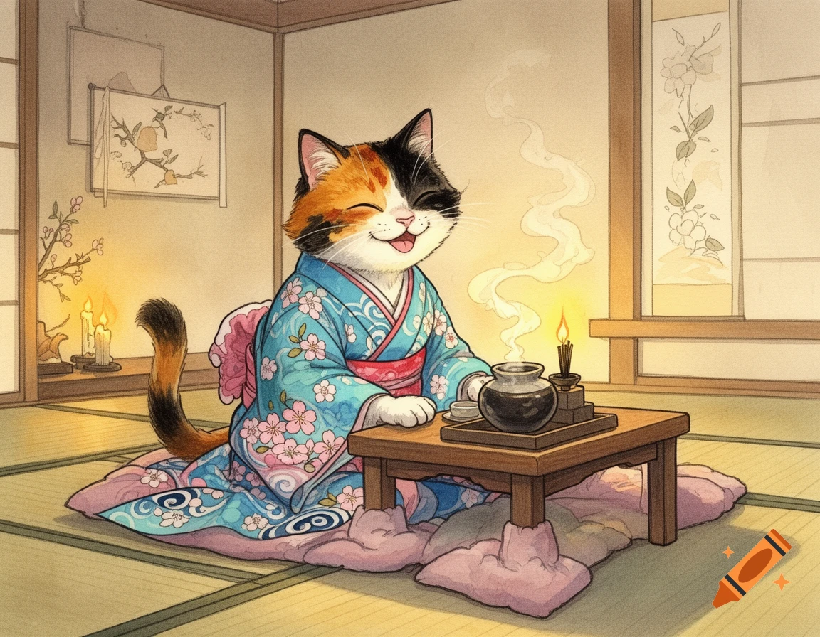 A happy calico cat in a blue cherry blossom kimono sits at a low wooden table with a tea set in a cozy Japanese room, watercolor style.