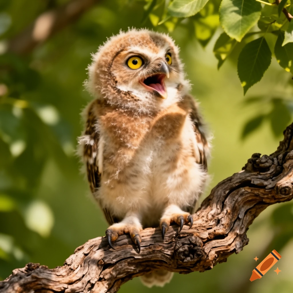 A fluffy baby owl with wide yellow eyes and an open beak perches on a tree branch, with green foliage in the background.