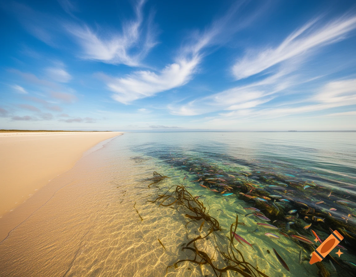 Photorealistic image of a serene beach with golden sand, clear blue water revealing colorful fish and seaweed, and wispy clouds in a bright blue sky.
