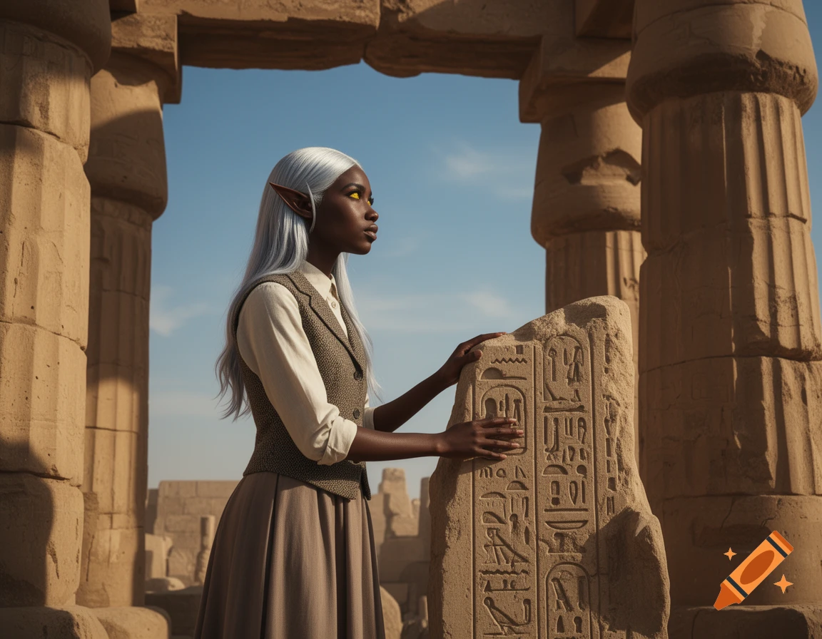 A dark-skinned elf with silver hair and yellow eyes touches a hieroglyphic slab in ancient Egyptian ruins.