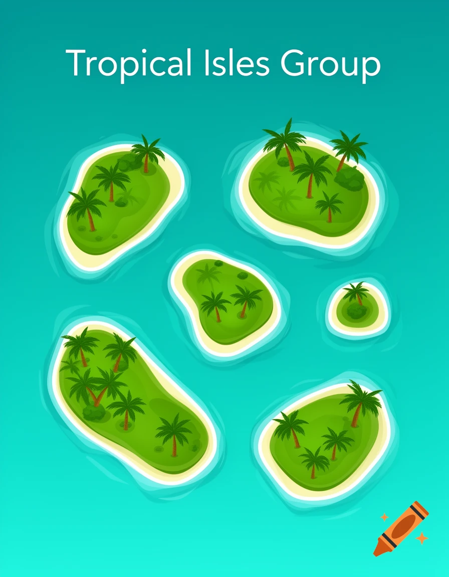 Cartoon illustration of several green tropical islands with palm trees floating in turquoise water, with "Tropical Isles Group" text above.