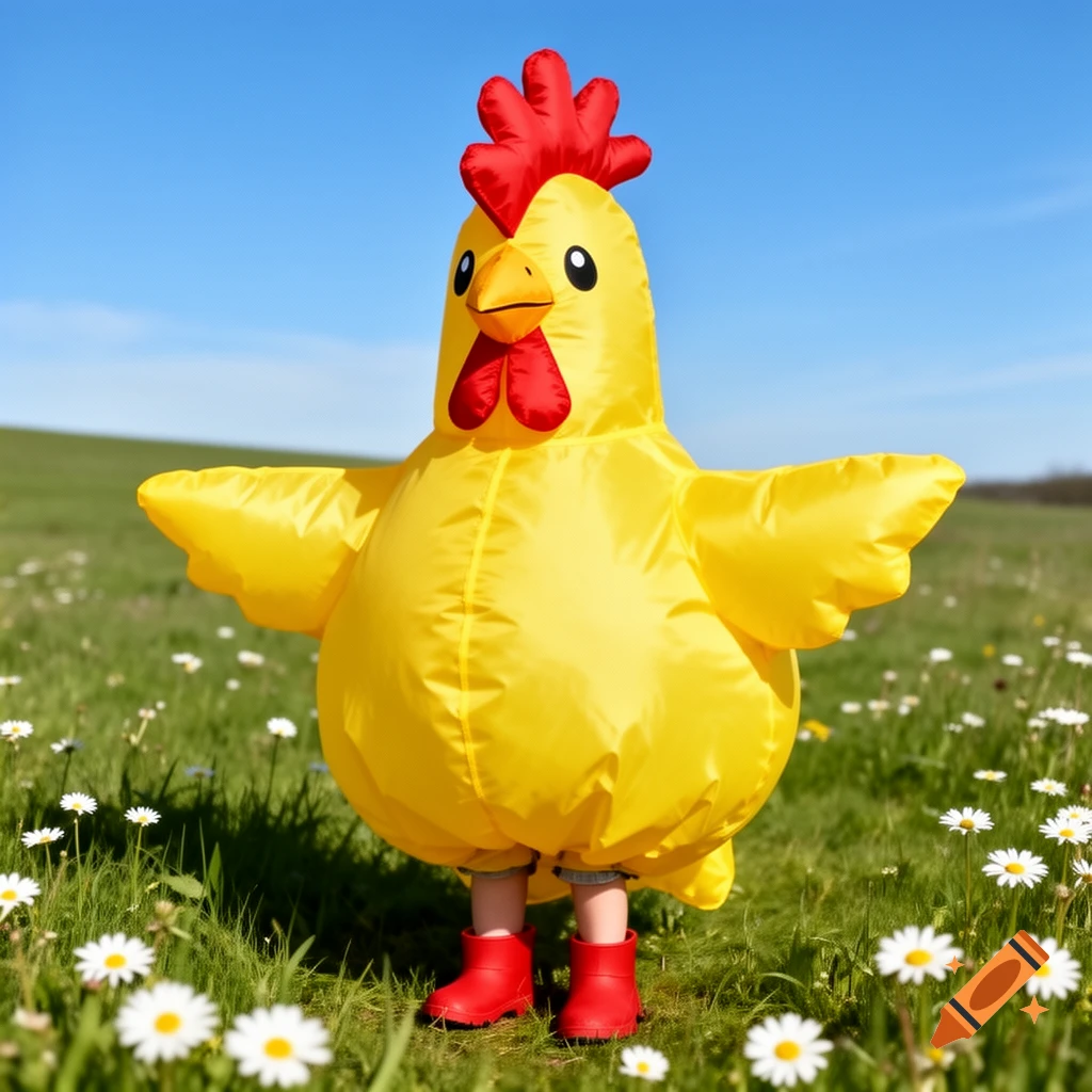 A child in a bright yellow inflatable chicken costume and red boots stands in a sunny green field dotted with white daisies.