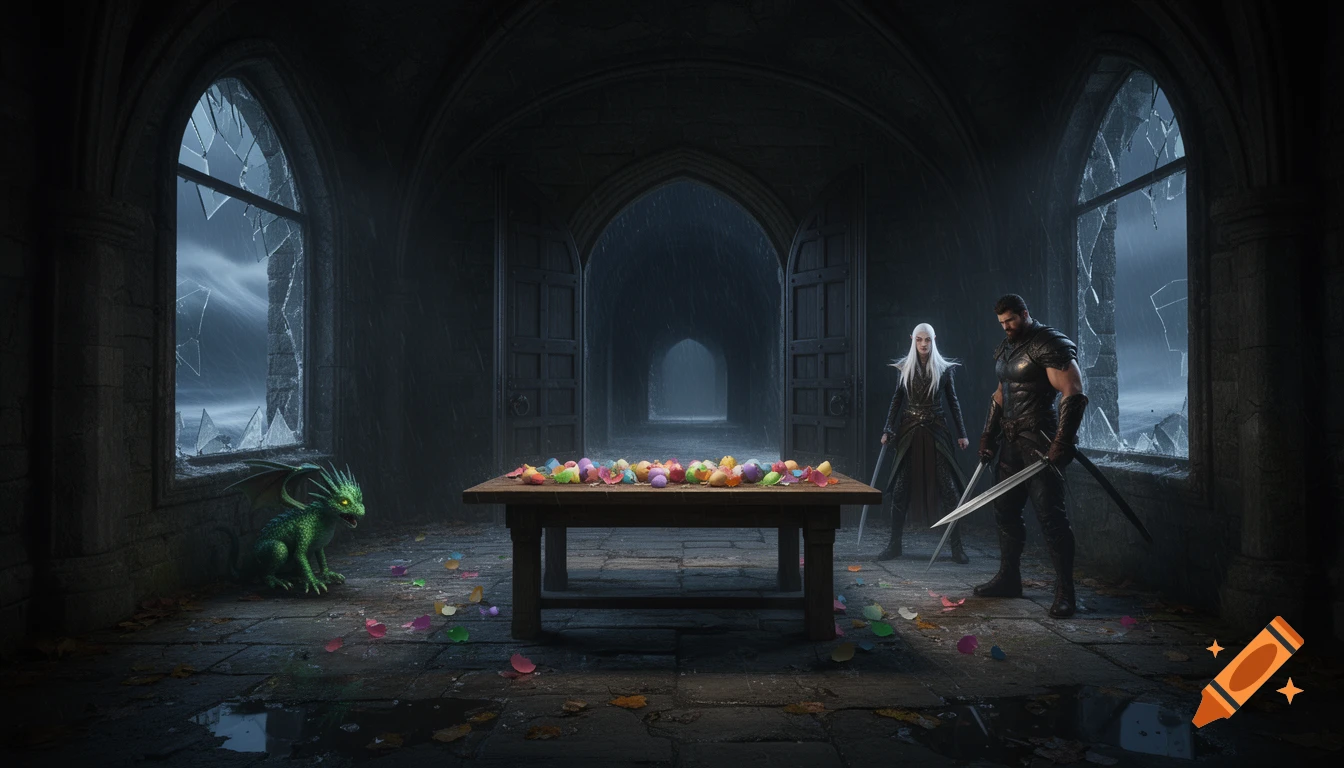 Two warriors, a human and an elf, stand in a dark, ruined castle hall with broken windows, a small green dragon, and colorful eggshells.