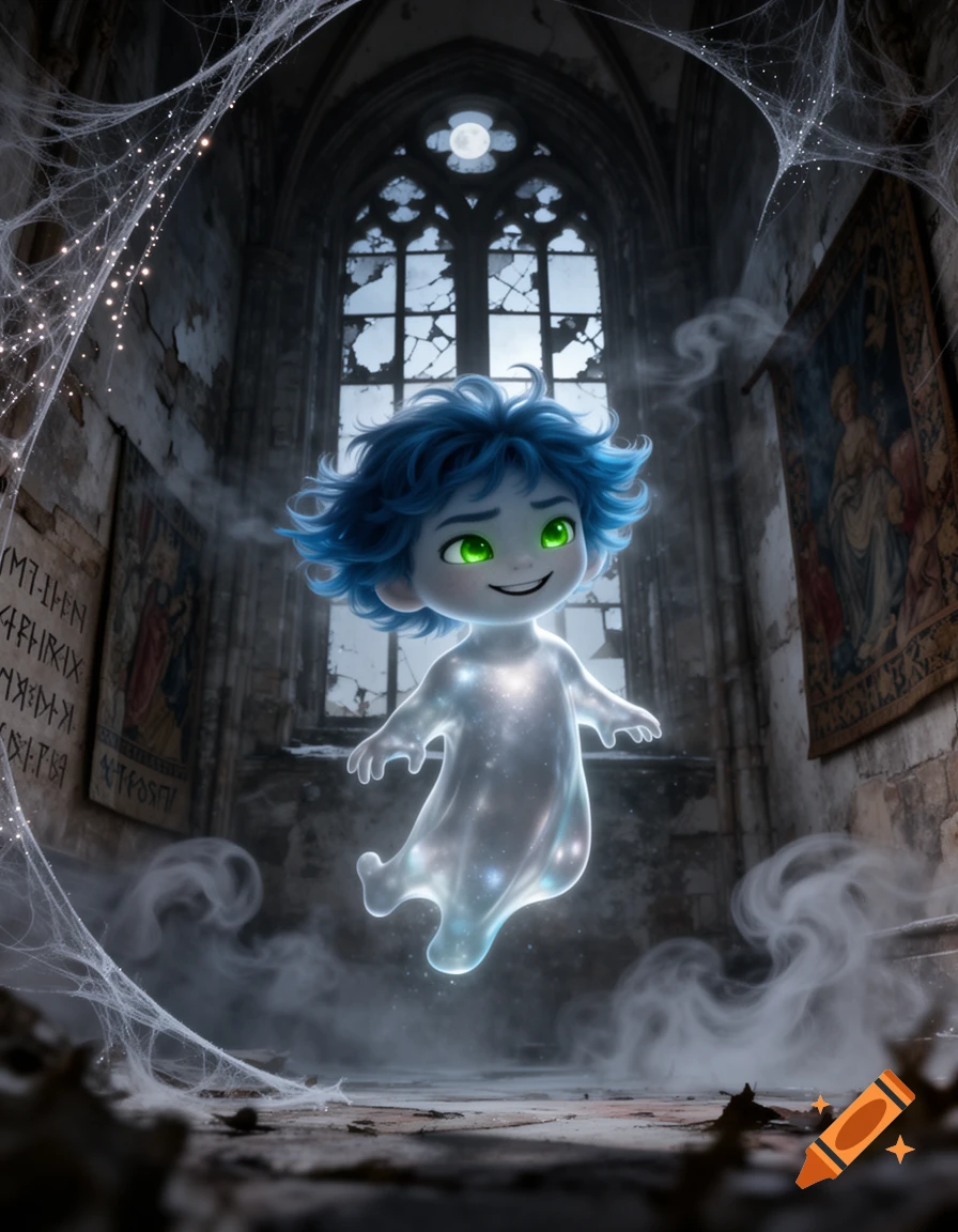 A cute, cartoonish ghost child with blue hair and green eyes floats in a spooky, abandoned gothic church at night, surrounded by spiderwebs and smoke.