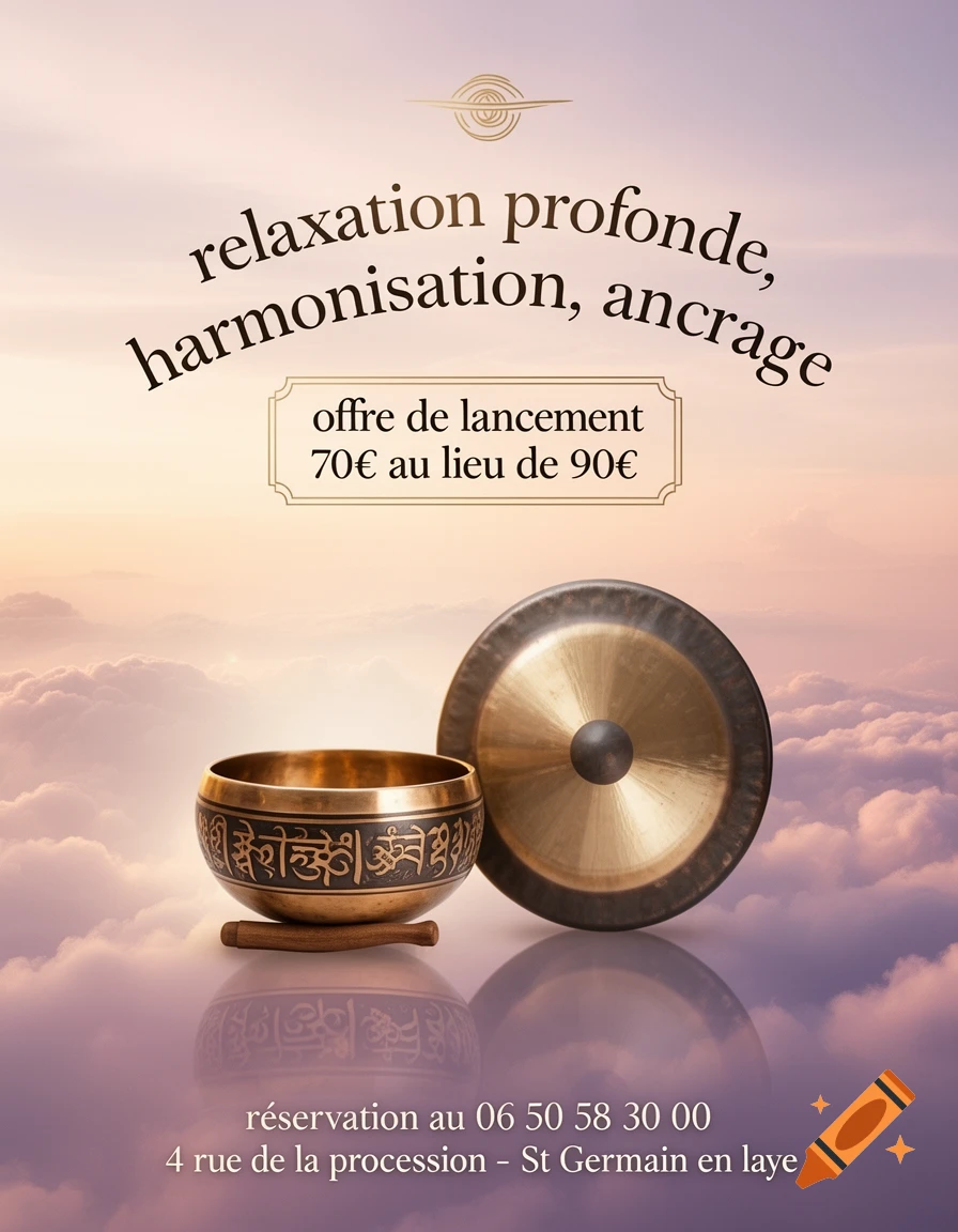 A flyer advertising deep relaxation with a Tibetan singing bowl and a gong set on a reflective surface amidst clouds at sunset. Prices and contact info are displayed.