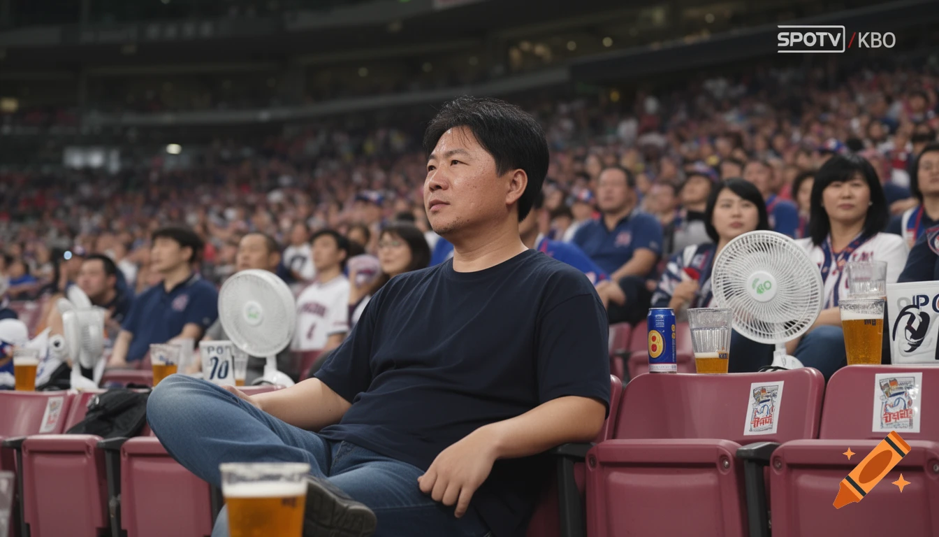 East Asian man watching a baseball game in a crowded stadium, with beer and fans nearby, in a photorealistic broadcast style.