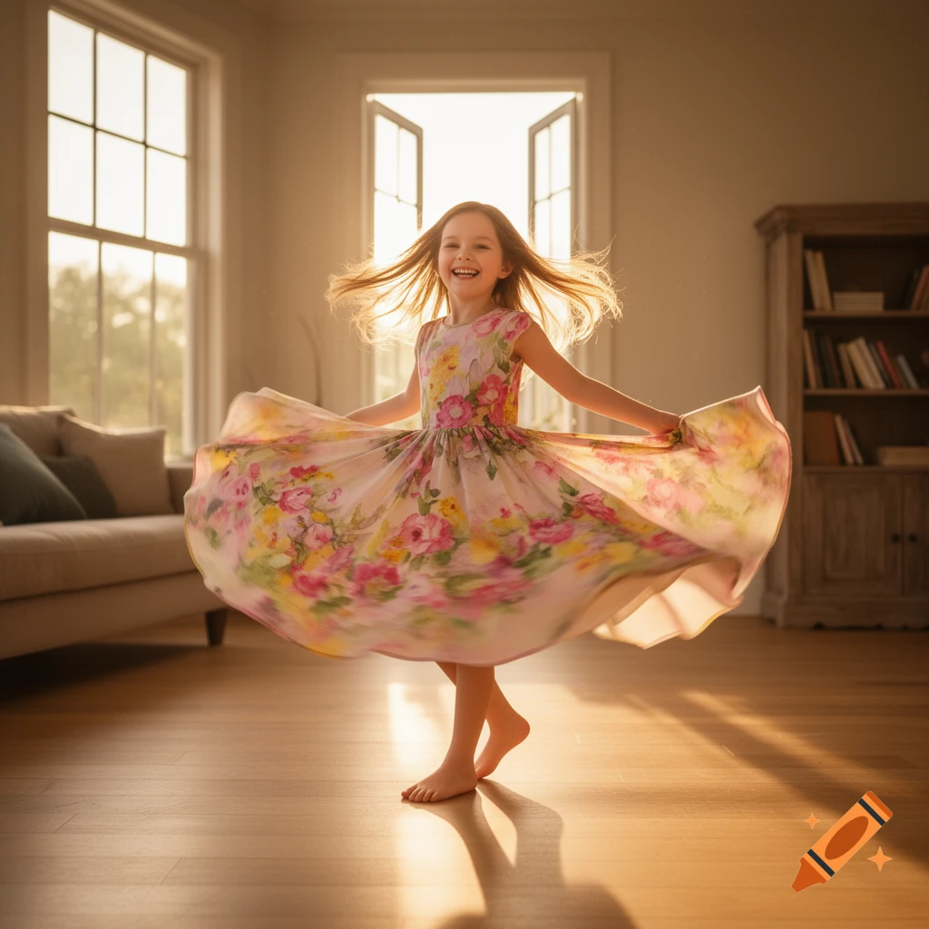 A happy young girl with long hair spins in a colorful floral dress in a sunlit room with wooden floors.