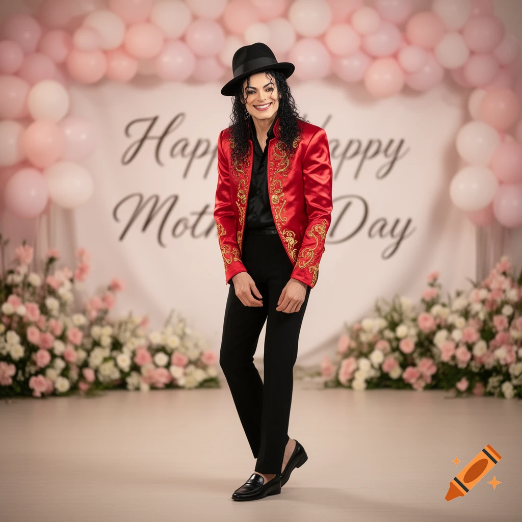 Michael Jackson in a red jacket and fedora, smiling in front of a Happy Mother's Day banner with balloons and flowers.