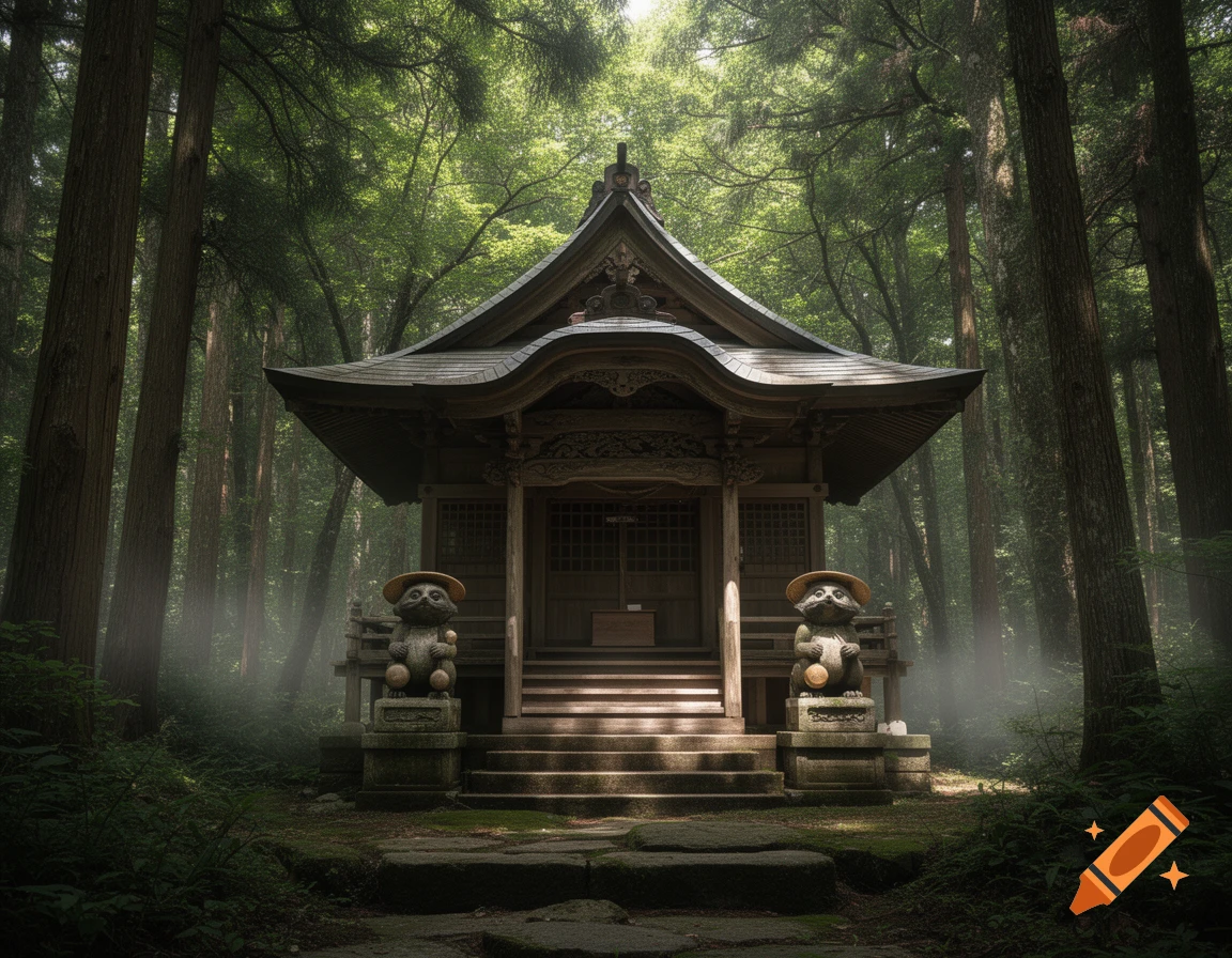 A serene Shinto shrine with stone Tanuki statues, nestled deep in a misty, sun-dappled forest.
