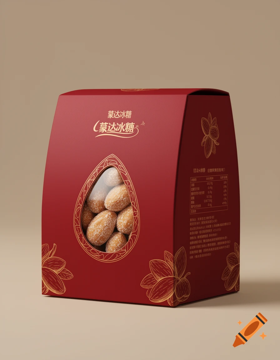 A red product box with gold lotus flower designs and a teardrop-shaped window showing candied almonds inside, against a plain background.