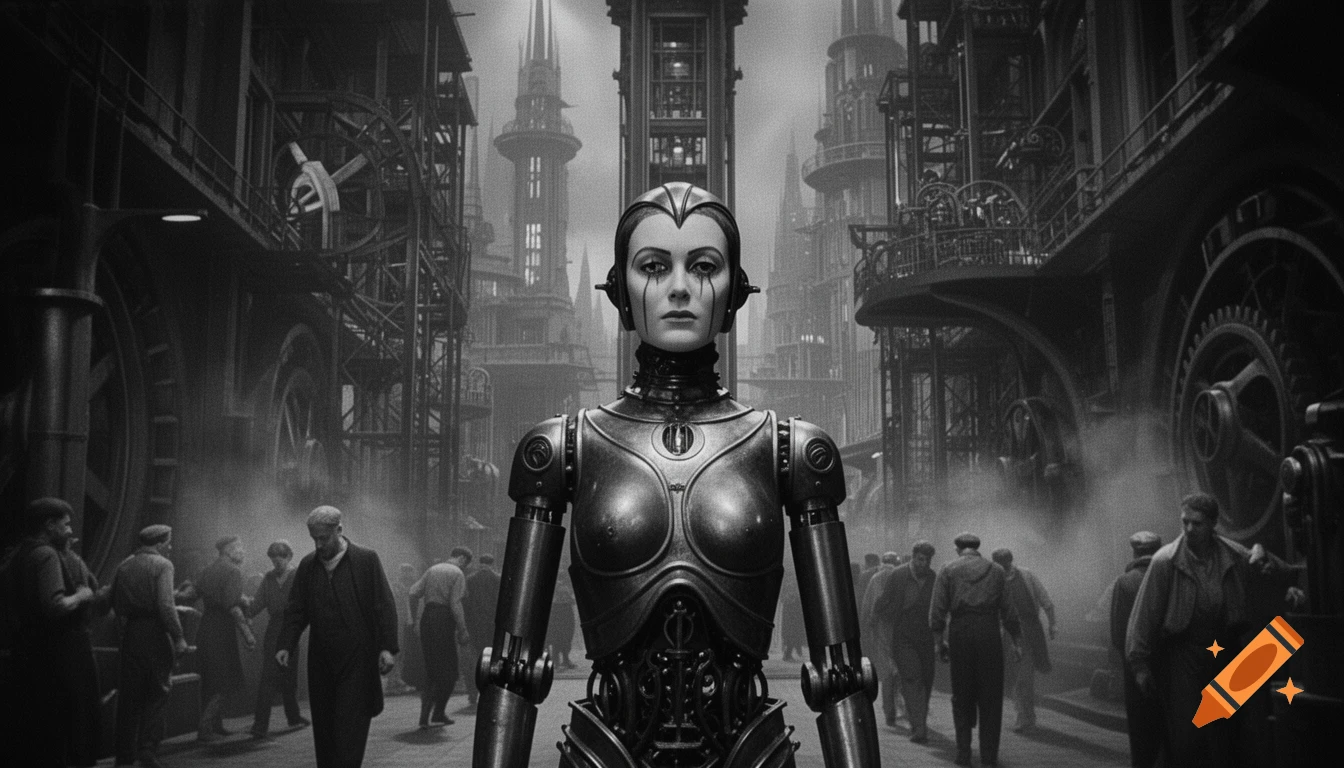 Black and white retro-futuristic image of a metallic robot with a human face standing in an industrial dystopian city.