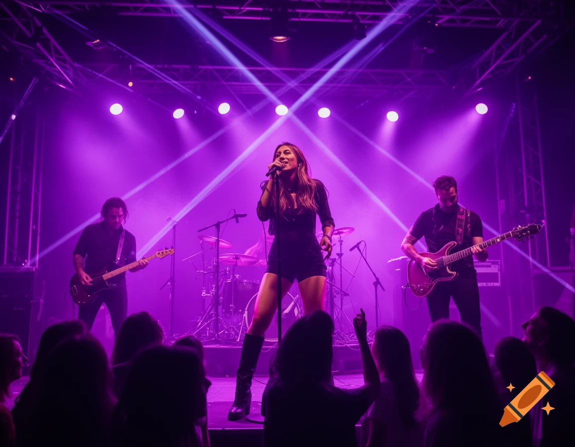 A band performs on stage under vibrant neon purple lights, featuring a female vocalist and male guitarists, viewed from the audience.
