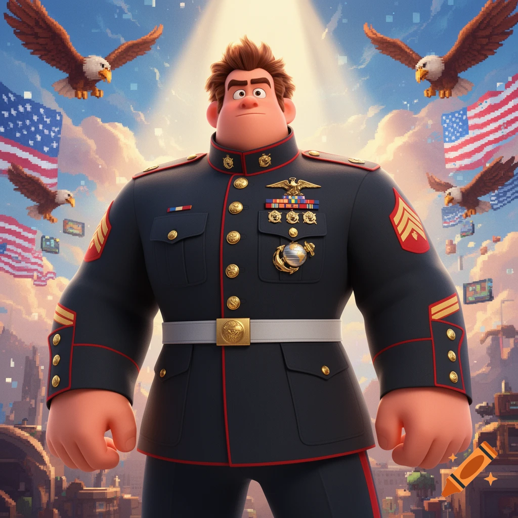 Wreck-It Ralph wearing a US Marine Corps uniform, standing in a pixelated city with American flags and eagles flying.