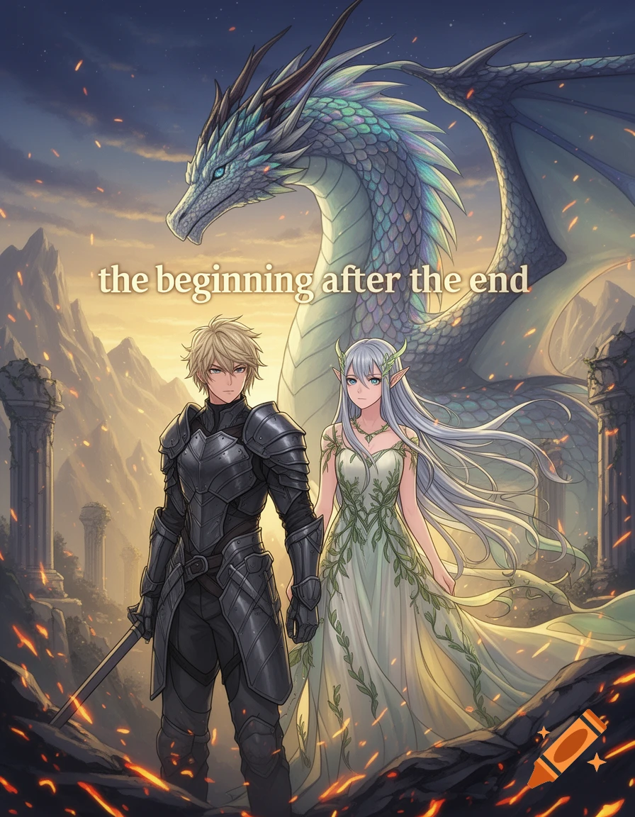 A fantasy anime illustration depicts an armored male and an elven-like female in a white dress standing before a large dragon at sunset, with text "the beginning after the end".