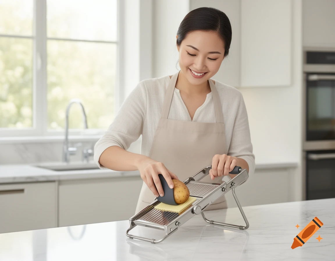 Smiling Asian woman in a modern kitchen slicing a potato with a mandoline slicer, photorealistic.