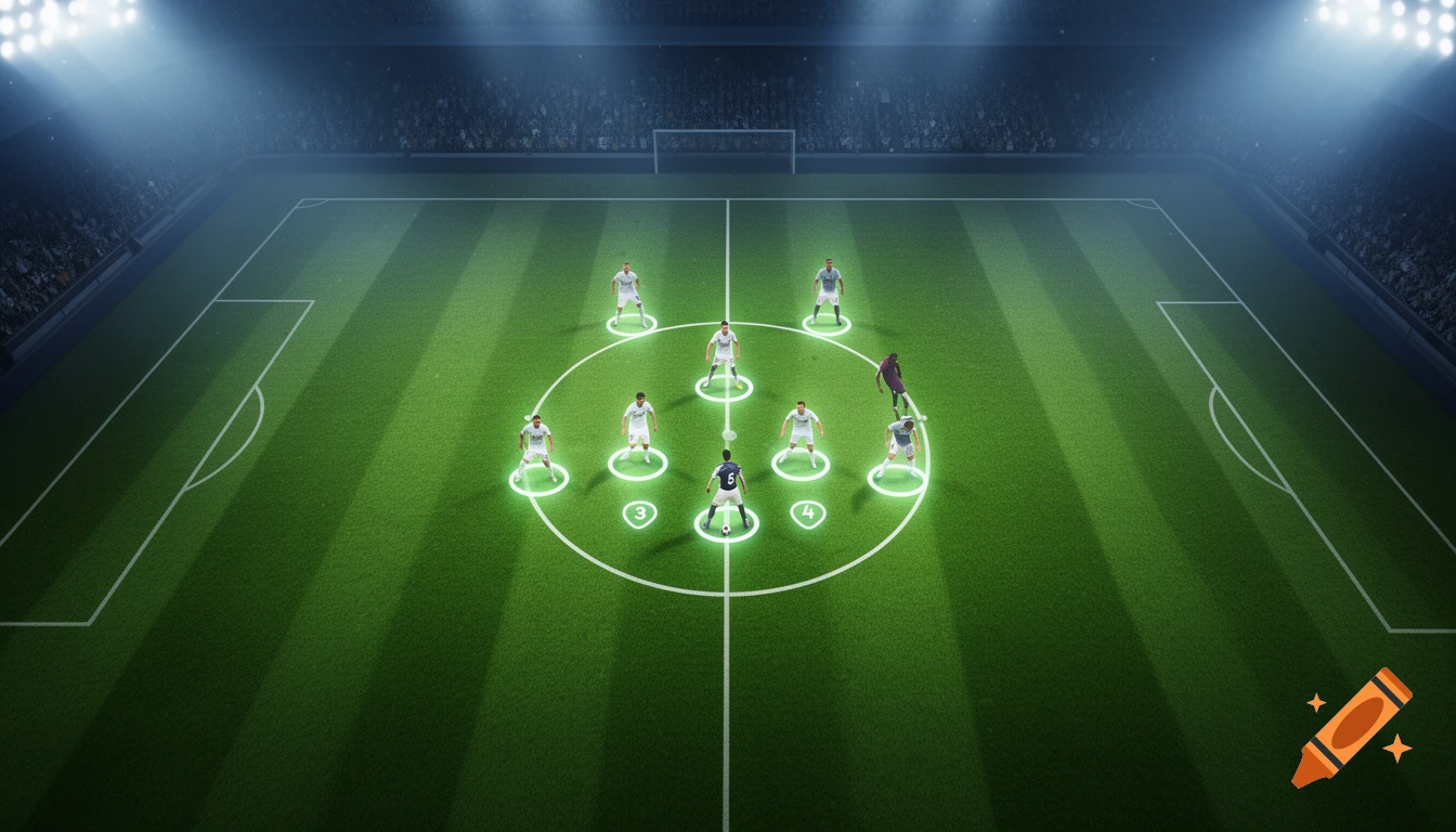 Aerial view of a soccer field under stadium lights, showing a football formation with players in white and one in purple, marked with glowing circles and numbers '3', '4', and '5'.